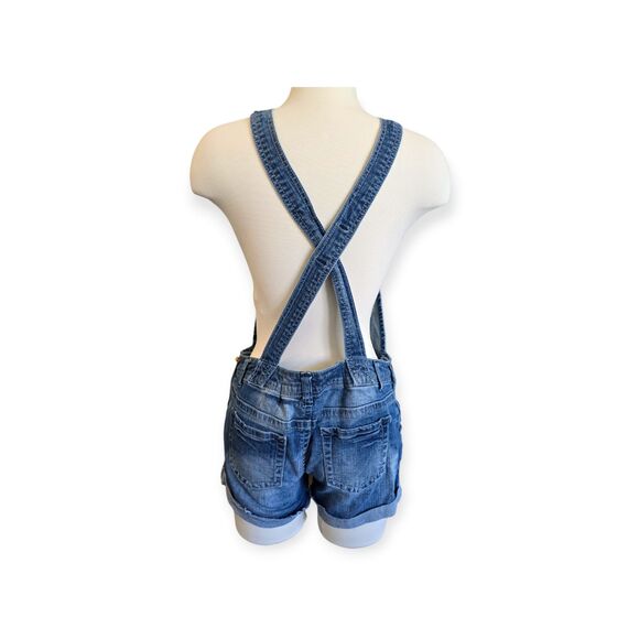 WallFlower Denim Overalls Shorts Distressed Blue Medium Wash Women M - Picture 2 of 6